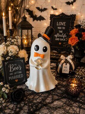 New White Ghost Groom Holding Ring W/ top Hat Wedding Spooky Halloween Figurine